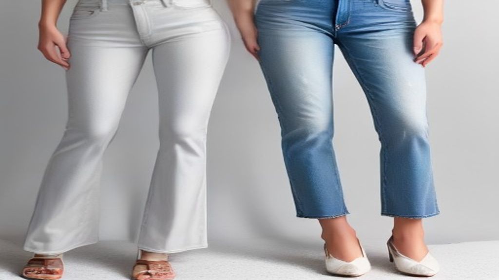 Two pairs of jeans laid flat side by side on a white surface, one cut wide leg with a flared hem and one cut straight leg